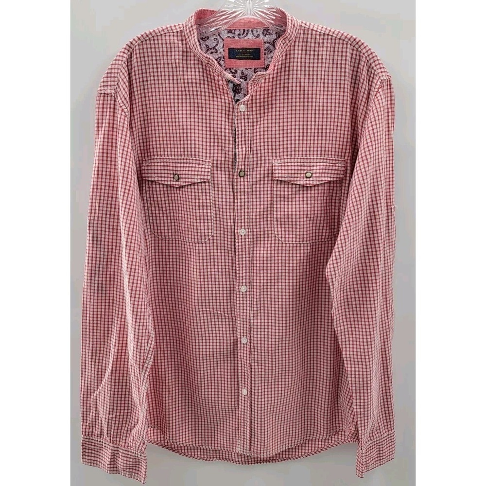 Zara Men Pearl Snap Button Shirt‎ Mens Large Red Plaid